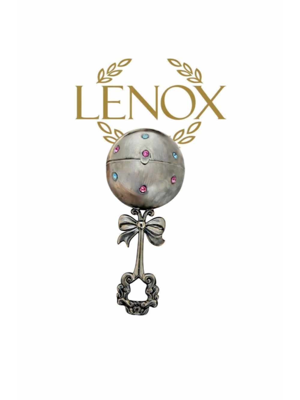 Lenox Silverplate Baby Rattle Keepsake Box w/ Pink & Blue Rhinestones Bow Handle
